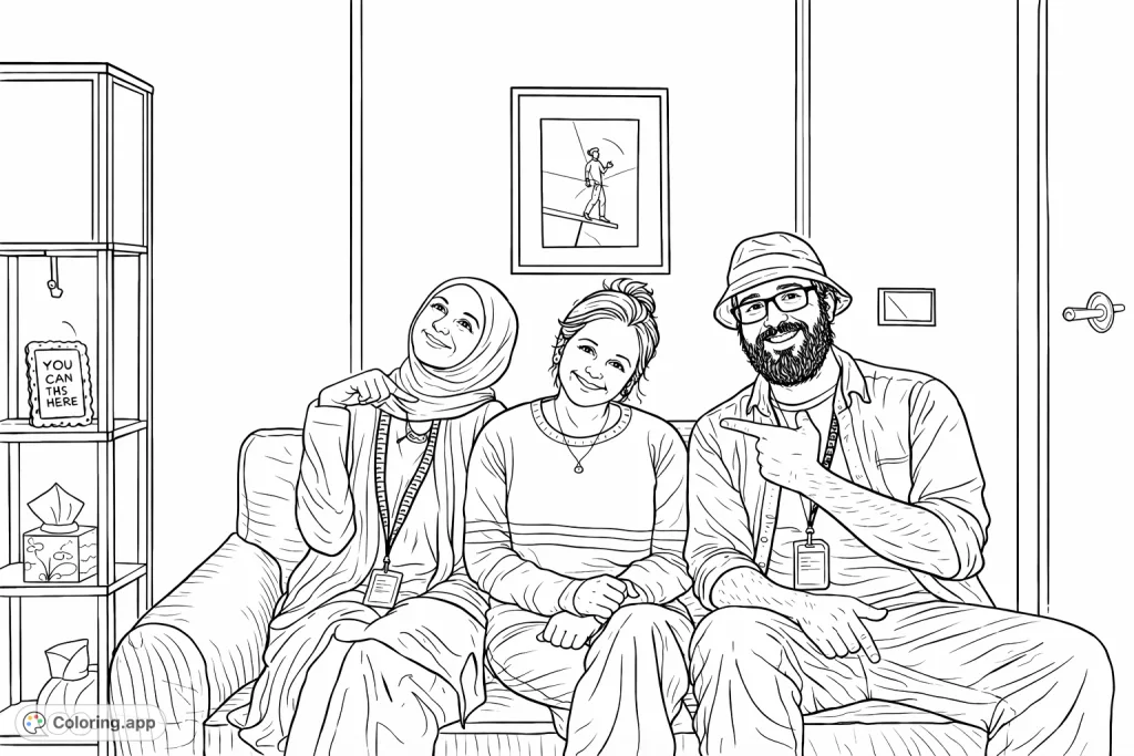 Color a scene of three cheerful friends posing on a sofa, with a framed artwork in the background. A delightful group portrait for creative expression.