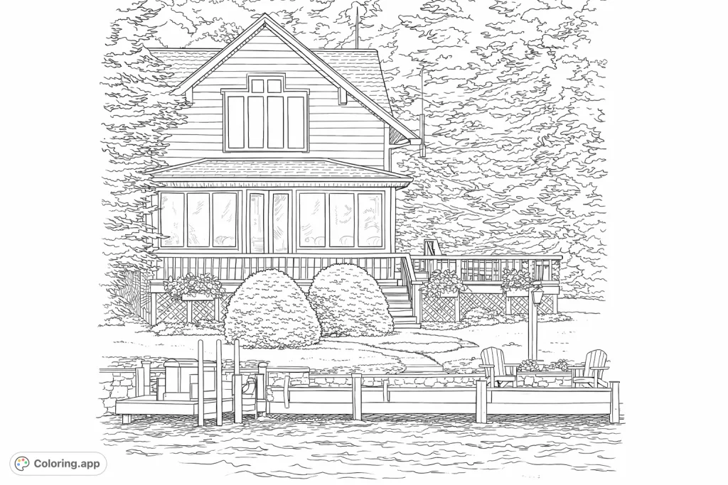 Discover a charming lakeside cabin, surrounded by lush trees and a serene dock. A detailed scene perfect for realistic coloring.