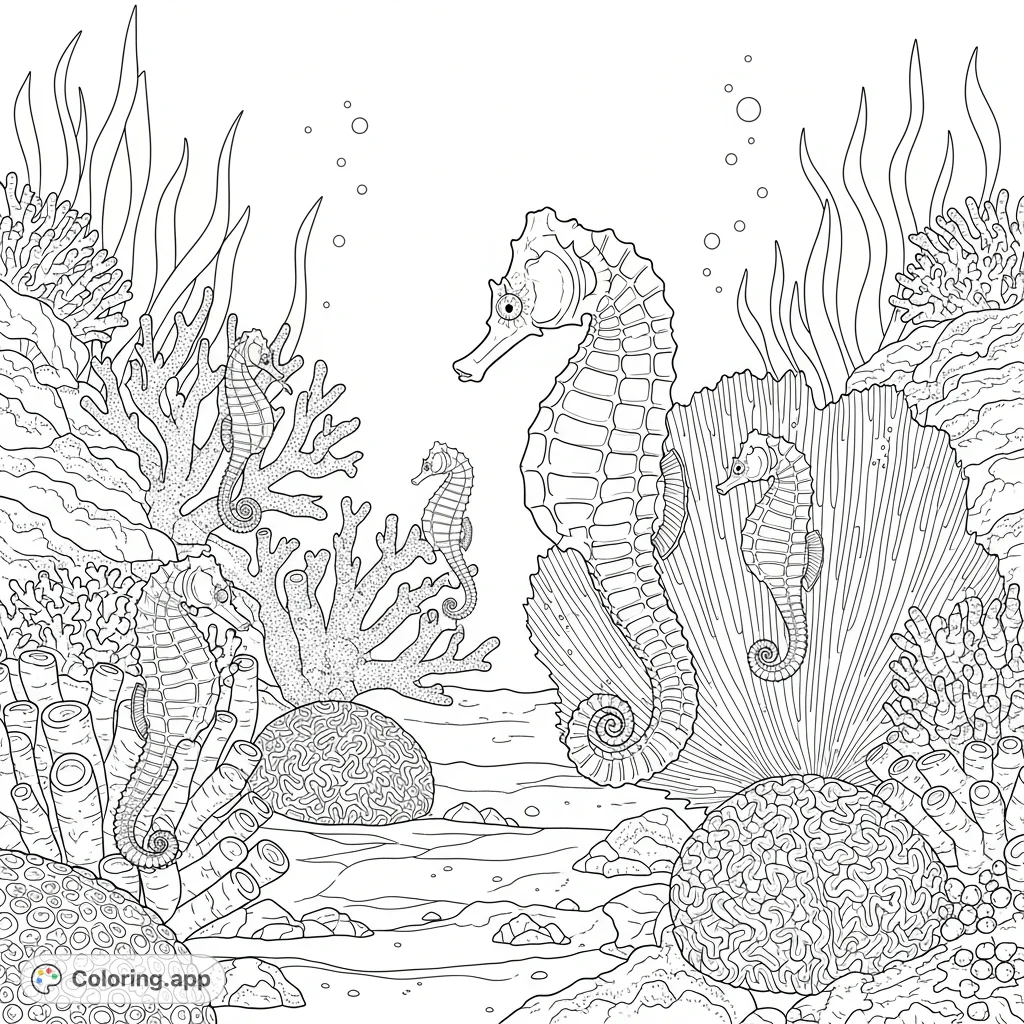 Dive into an underwater world with this seahorse coloring page, featuring elegant seahorses gracefully swimming through a vibrant, detailed coral reef.