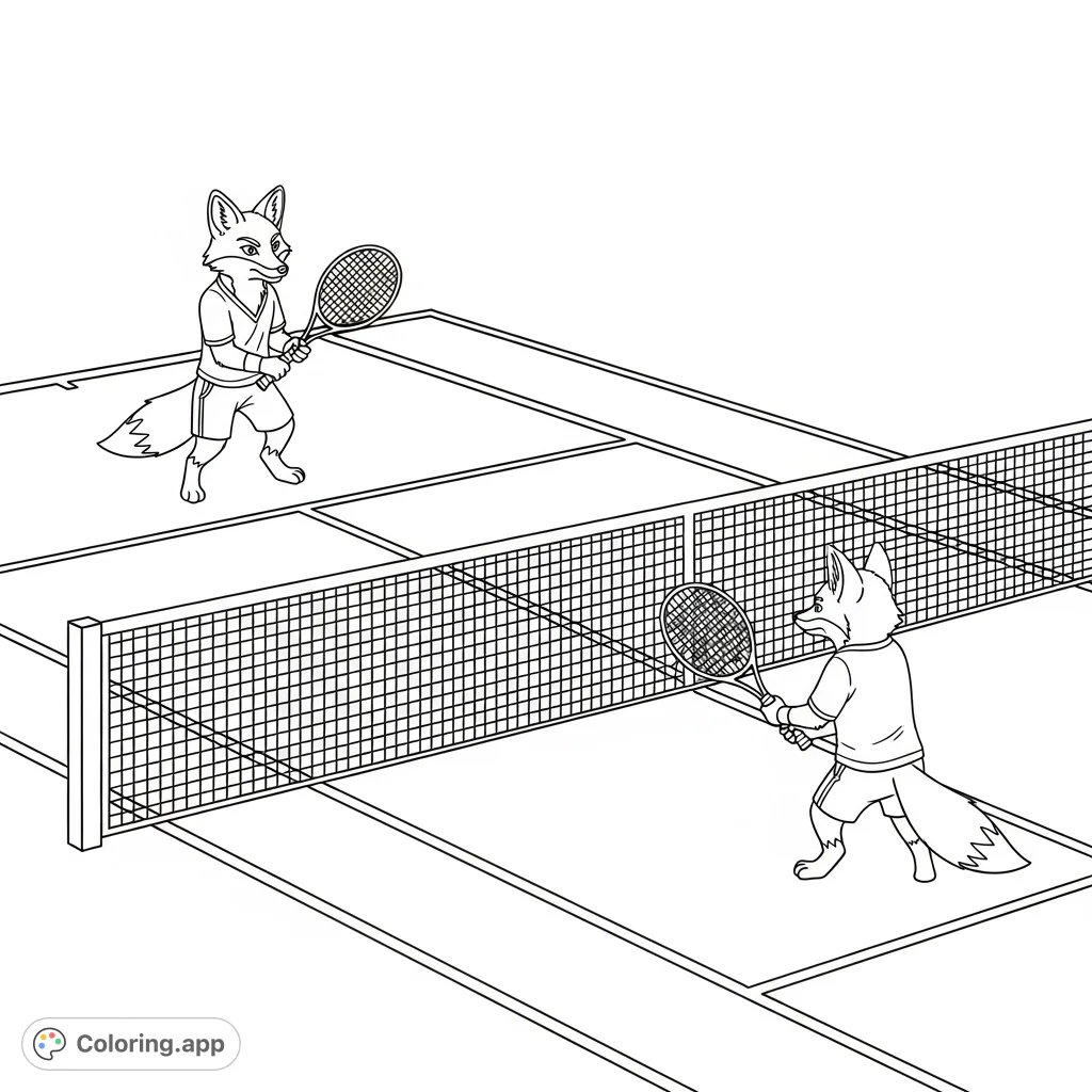 A playful foxes playing tennis coloring page on a hard court with net and rackets. Free printable animals coloring page for kids and adults.