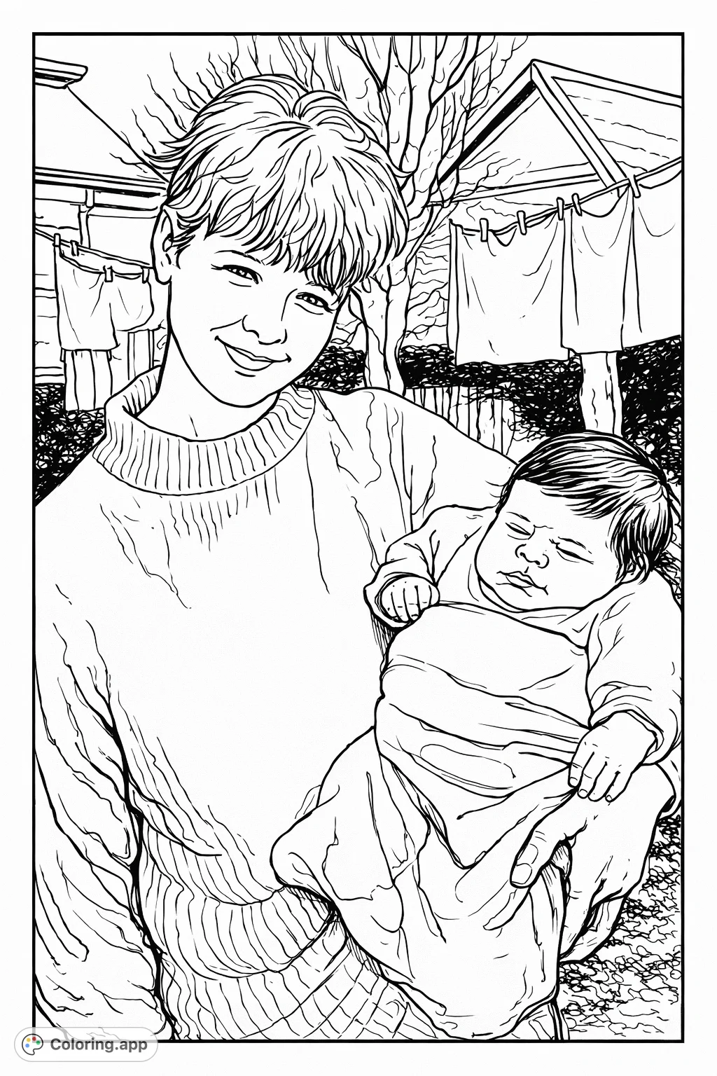 A tender portrait of a woman holding an infant, captured in a warm embrace. This family coloring page invites you to add your personal touch to a timeless scene.