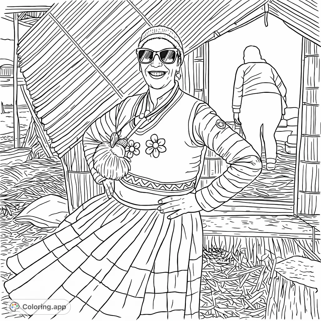 A captivating scene of a woman in unique tiered attire, standing proudly before a traditional reed hut. Perfect for cultural exploration and detailed coloring.