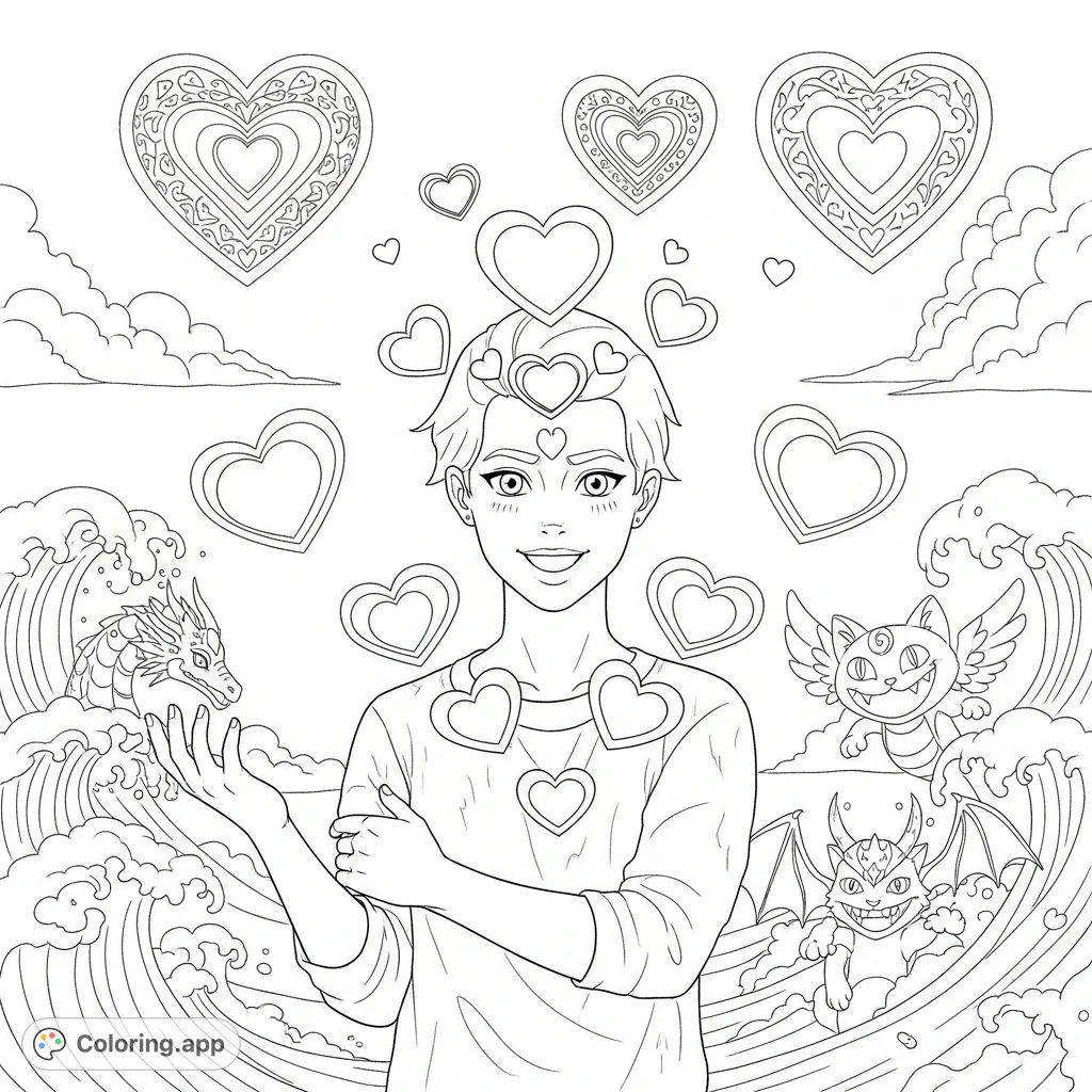 A heartwarming free printable Parker Swanson coloring page featuring a cheerful Parker with numerous floating and scattered heart shapes, perfect for conveying affection.