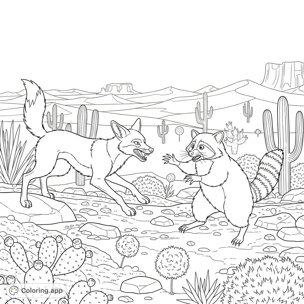 An action-packed desert animal coloring page featuring a coyote and a raccoon in a dynamic standoff amidst cacti and rocky terrain. Perfect for wildlife enthusiasts!