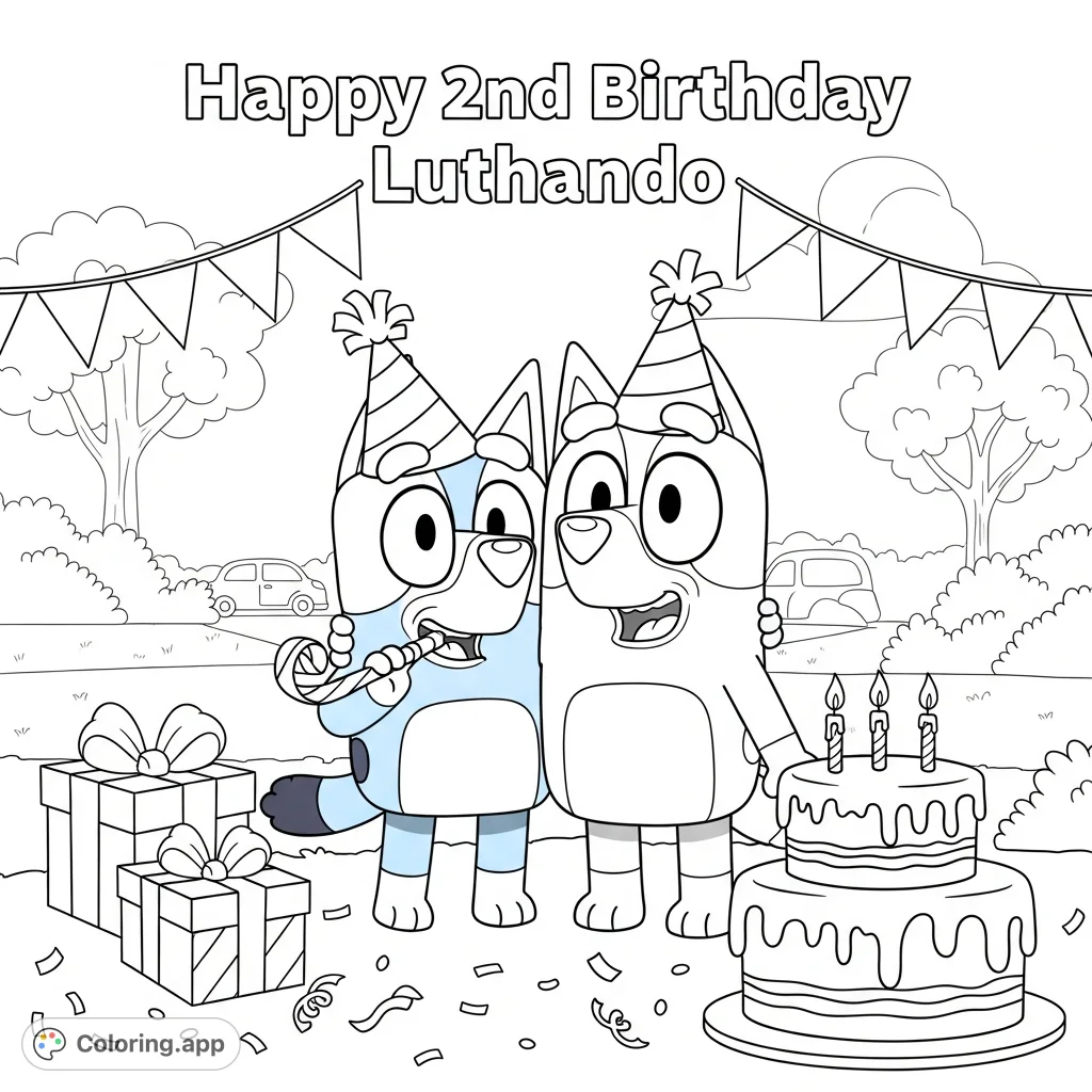 Celebrate with Bluey and Bingo at a vibrant birthday party featuring a tiered cake, gifts, confetti, and personalized birthday text. A delightful free printable coloring page.