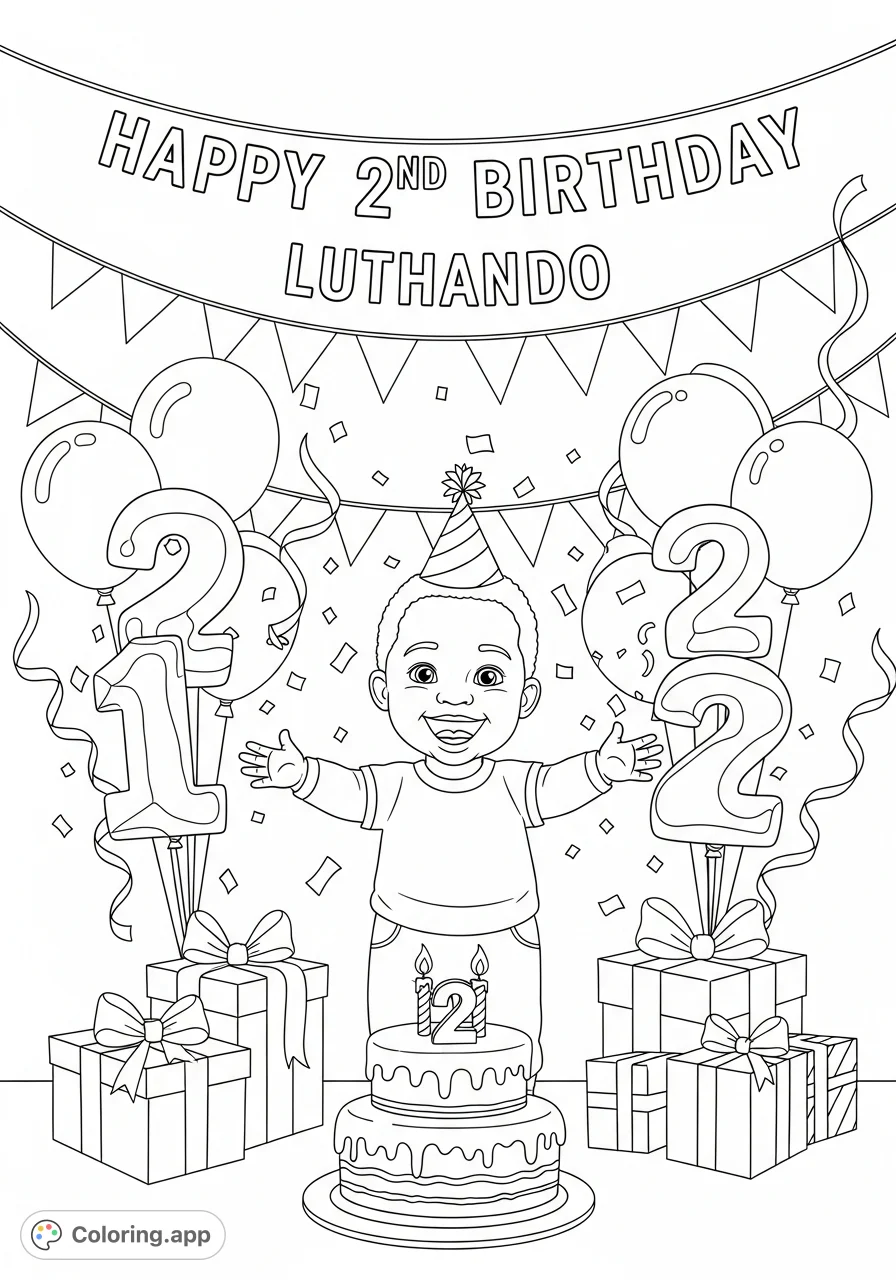 Celebrate Luthando's second birthday with this festive coloring page featuring the cheerful child, a two-tier cake, balloons, and gifts, perfect for a special day.
