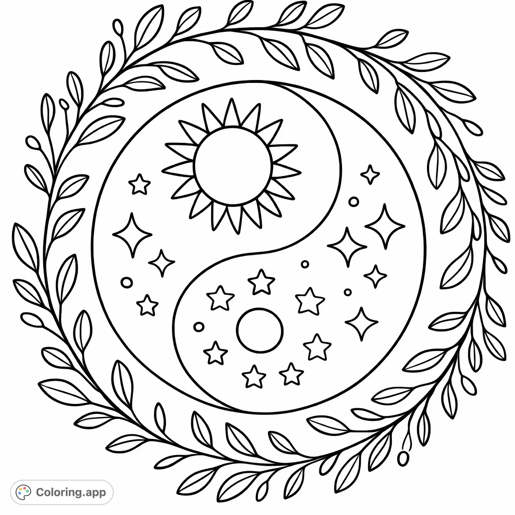 A serene cosmic balance design featuring a sun and moon (Yin Yang) surrounded by stars and a delicate leafy wreath. Perfect for relaxation and creative expression.