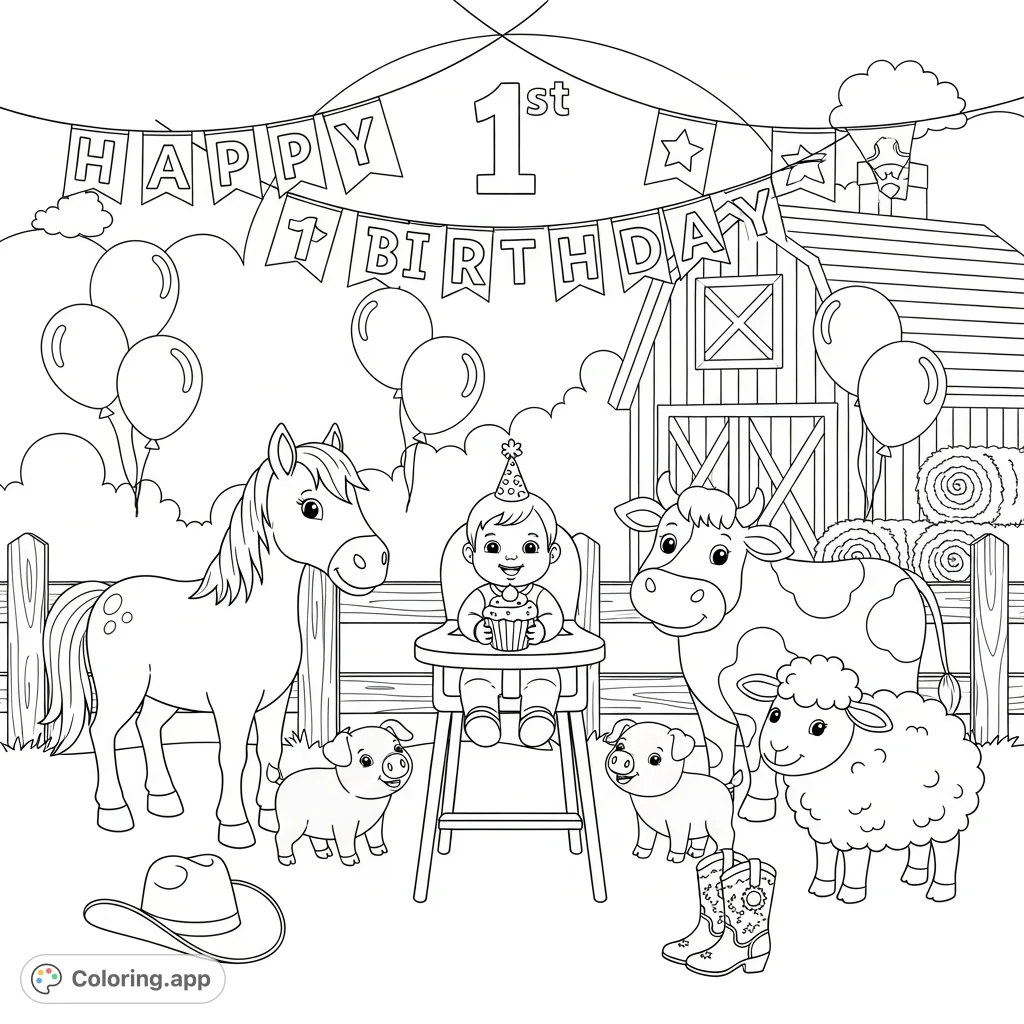 A delightful rodeo farm 1st birthday coloring page featuring a toddler, cheerful farm animals, a barn, and festive decorations for a charming celebration scene.