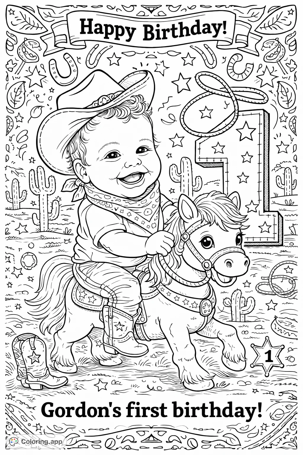 Celebrate Gordon's first birthday with this fun cowboy-themed coloring page! Featuring a happy baby, a horse, and Western decorative elements.
