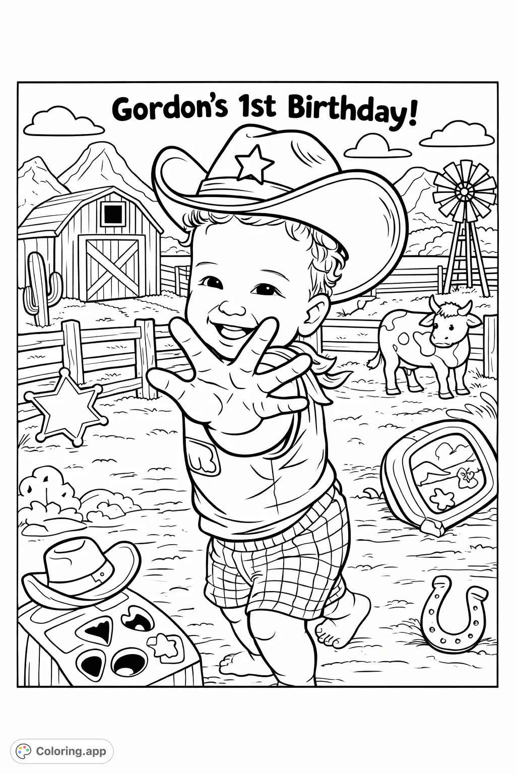 Celebrate Gordon's 1st birthday with this adorable Western farm coloring page! Features a smiling baby in a cowboy hat amid playful farm elements.
