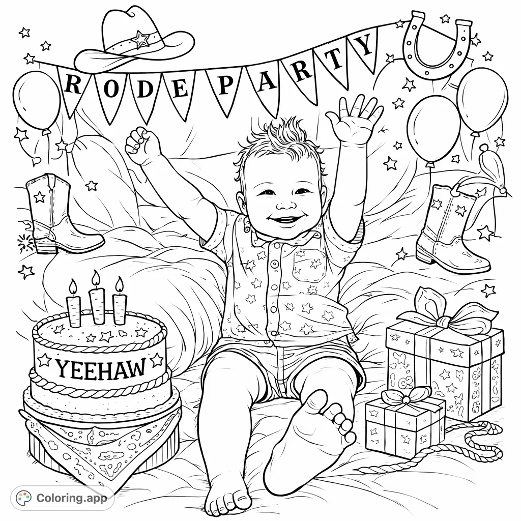 A joyful baby, wearing a patterned shirt and shorts, sits on a plush blanket with arms raised in excitement. Perfect for a rodeo birthday celebration!