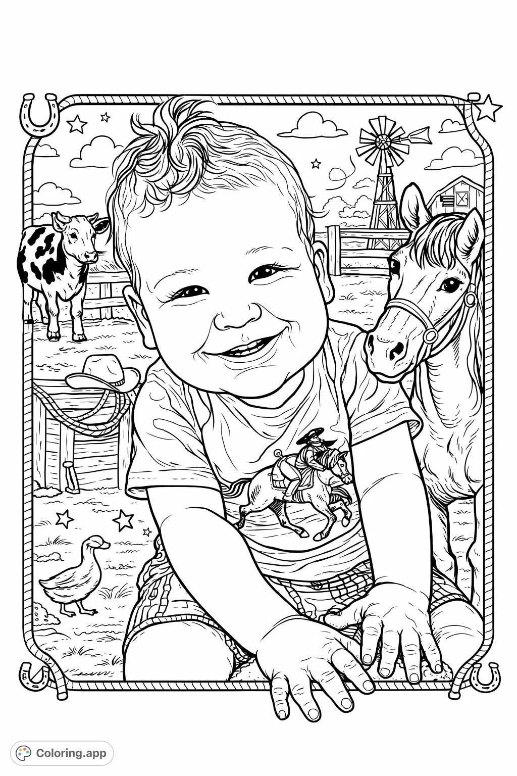 A delightful baby in western-themed attire, with a charming smile, surrounded by playful farm animals and western patterns for a fun coloring experience.