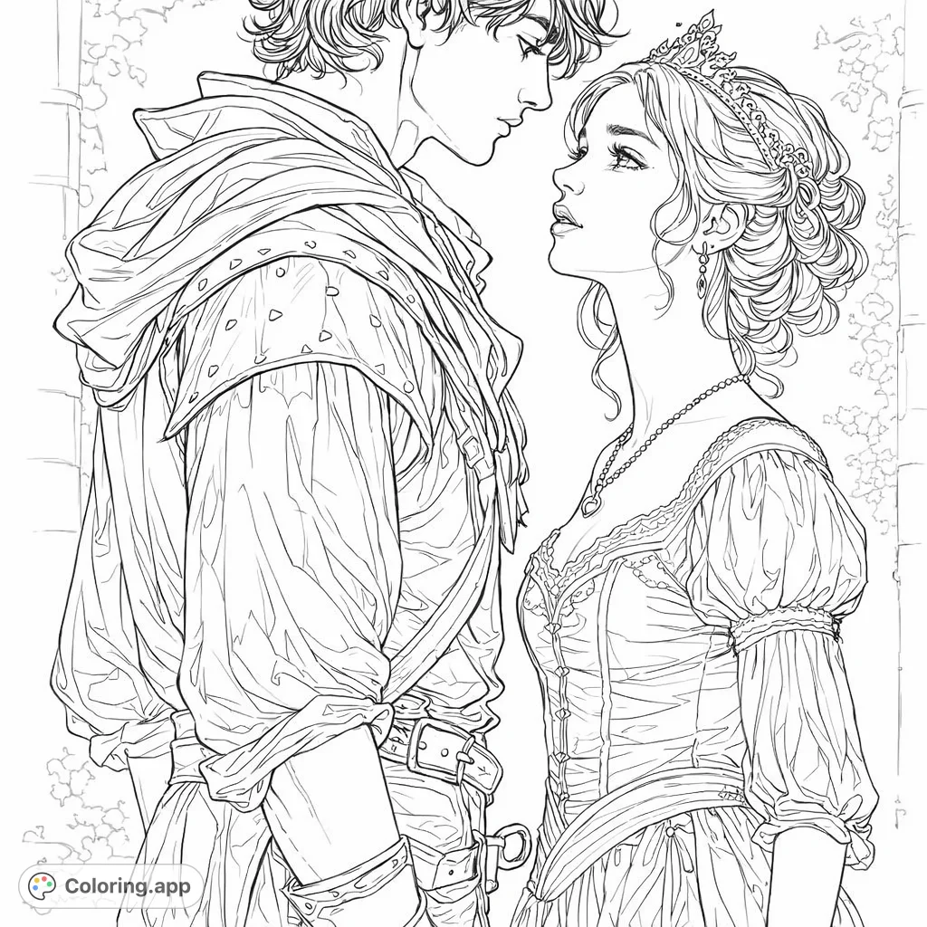 An enchanting fantasy romance coloring page featuring a noble couple, perfect for detailed artistic expression and bringing a medieval love story to life.