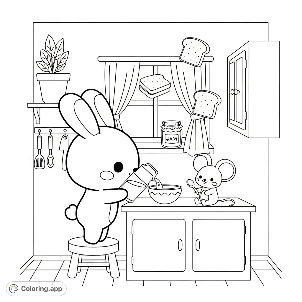 A delightful kawaii-style bunny and mouse share a whimsical breakfast moment in a cozy kitchen. Perfect for a calming coloring experience.