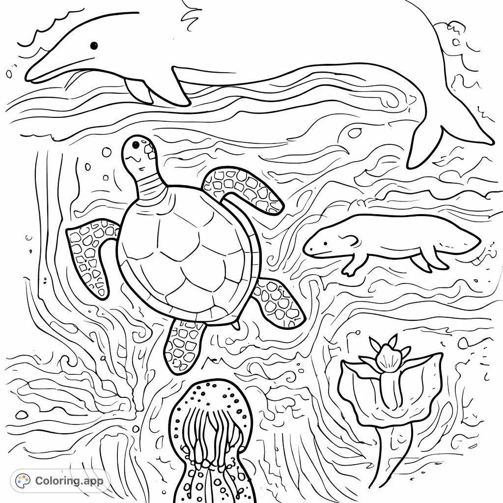 Dive into an ocean adventure! Color a friendly dolphin, a patterned sea turtle, a swimming fish, and a mysterious jellyfish in a vibrant underwater scene.