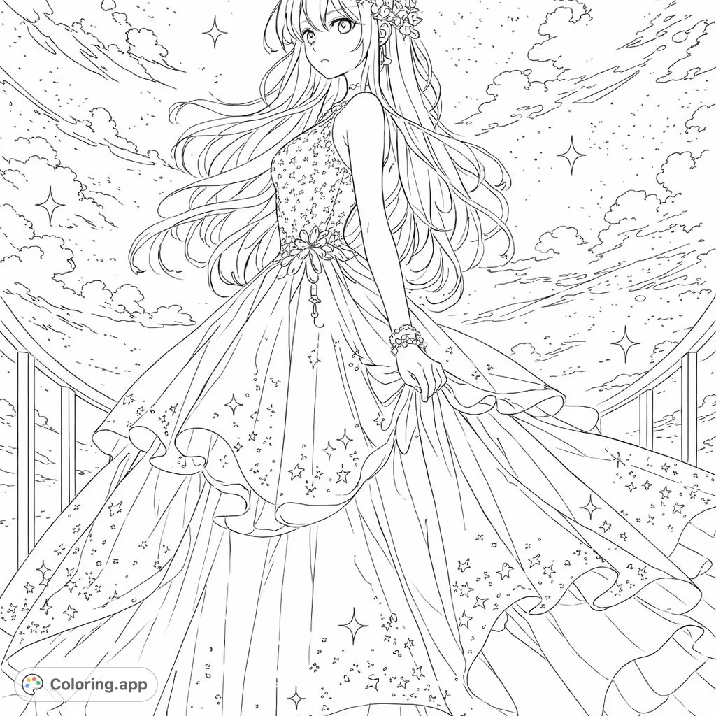 An elegant figure in a shimmering gown under a celestial night sky, adorned with stars and intricate details. A dreamy, sophisticated coloring experience.