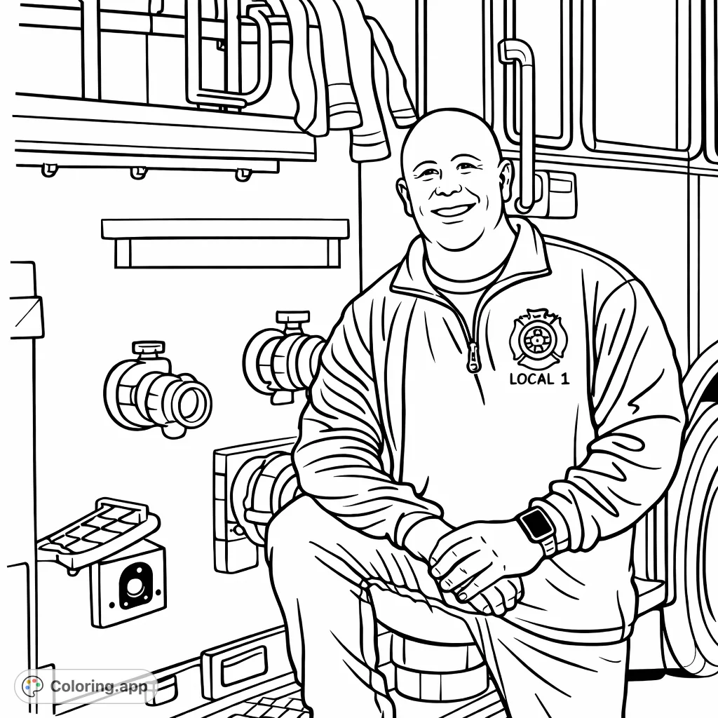 A friendly firefighter stands proudly by a fire truck, ready for action. This easy coloring page captures a heroic moment for kids and adults.