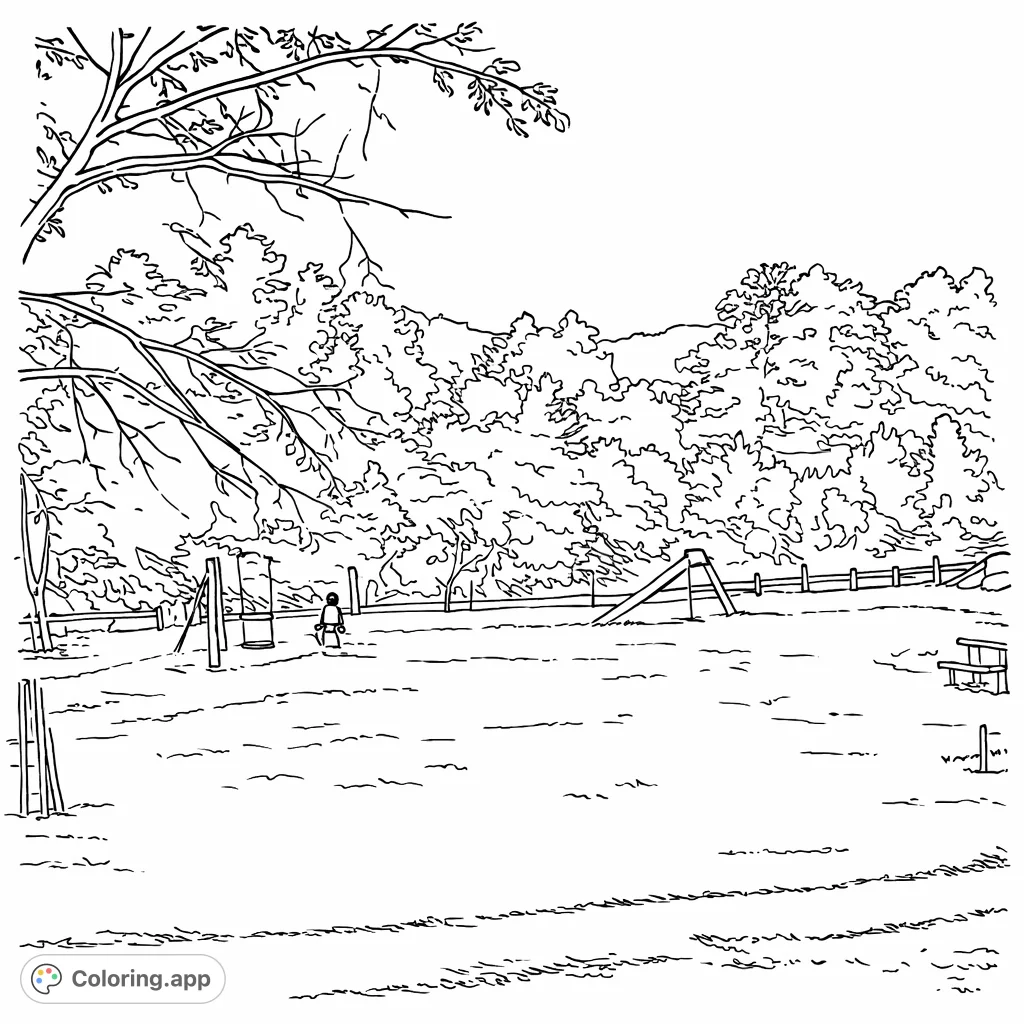 Explore a serene park landscape with playground features, a large tree, and distant hills, offering a delightful outdoor scene to personalize with your favorite hues.