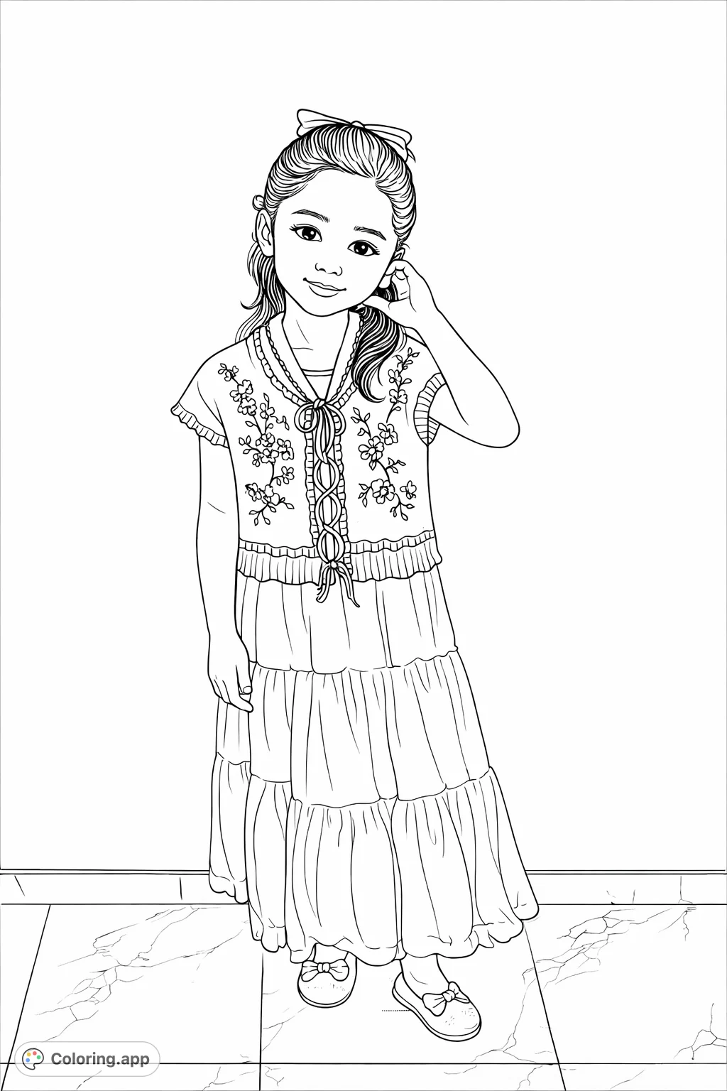 A charming girl poses in a floral patterned sweater and a tiered dress, with a sweet bow in her hair. This girl coloring page is perfect for creative expression.