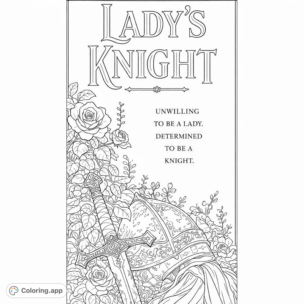 Discover a detailed knight's helmet and sword nestled among elegant roses and winding vines. Perfect for medieval fantasy and floral enthusiasts.