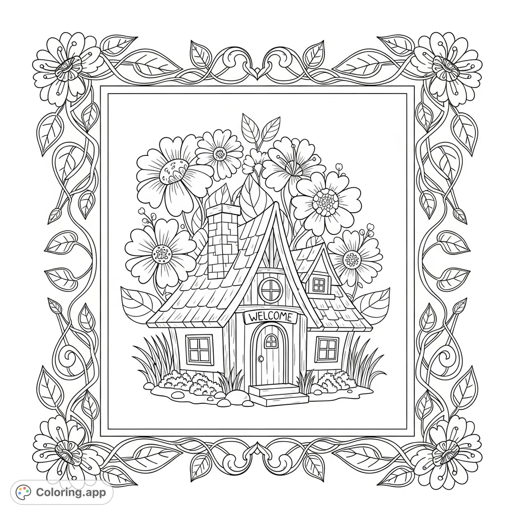 A charming, storybook-style whimsical cottage surrounded by intricate folk flowers and leaves, all contained within an elegant floral frame. Perfect for creative relaxation.