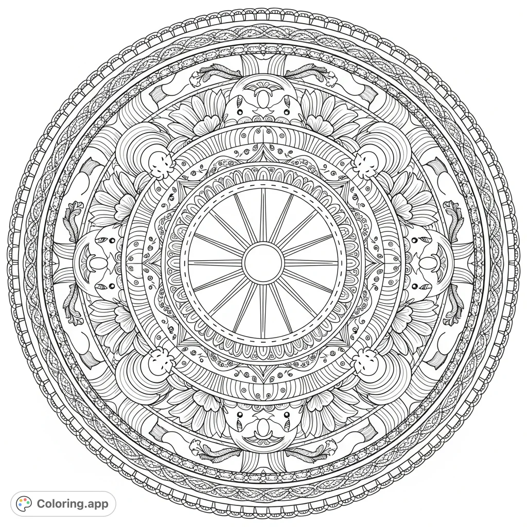 An intricate bohemian mandala featuring swirling patterns, floral motifs, celestial elements, and flowing textures, perfect for meditative coloring.