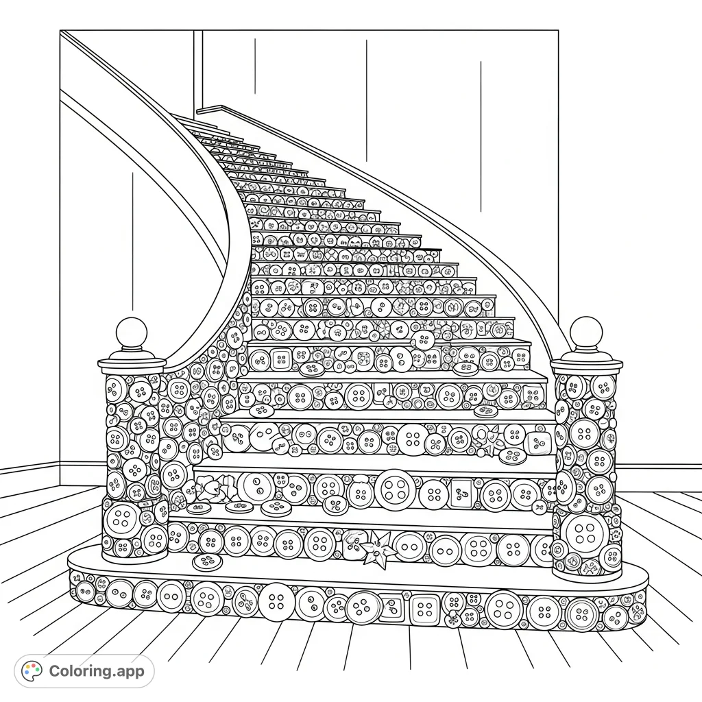 A unique coloring page featuring a grand staircase completely enveloped by a whimsical array of buttons. Explore intricate patterns and textures.