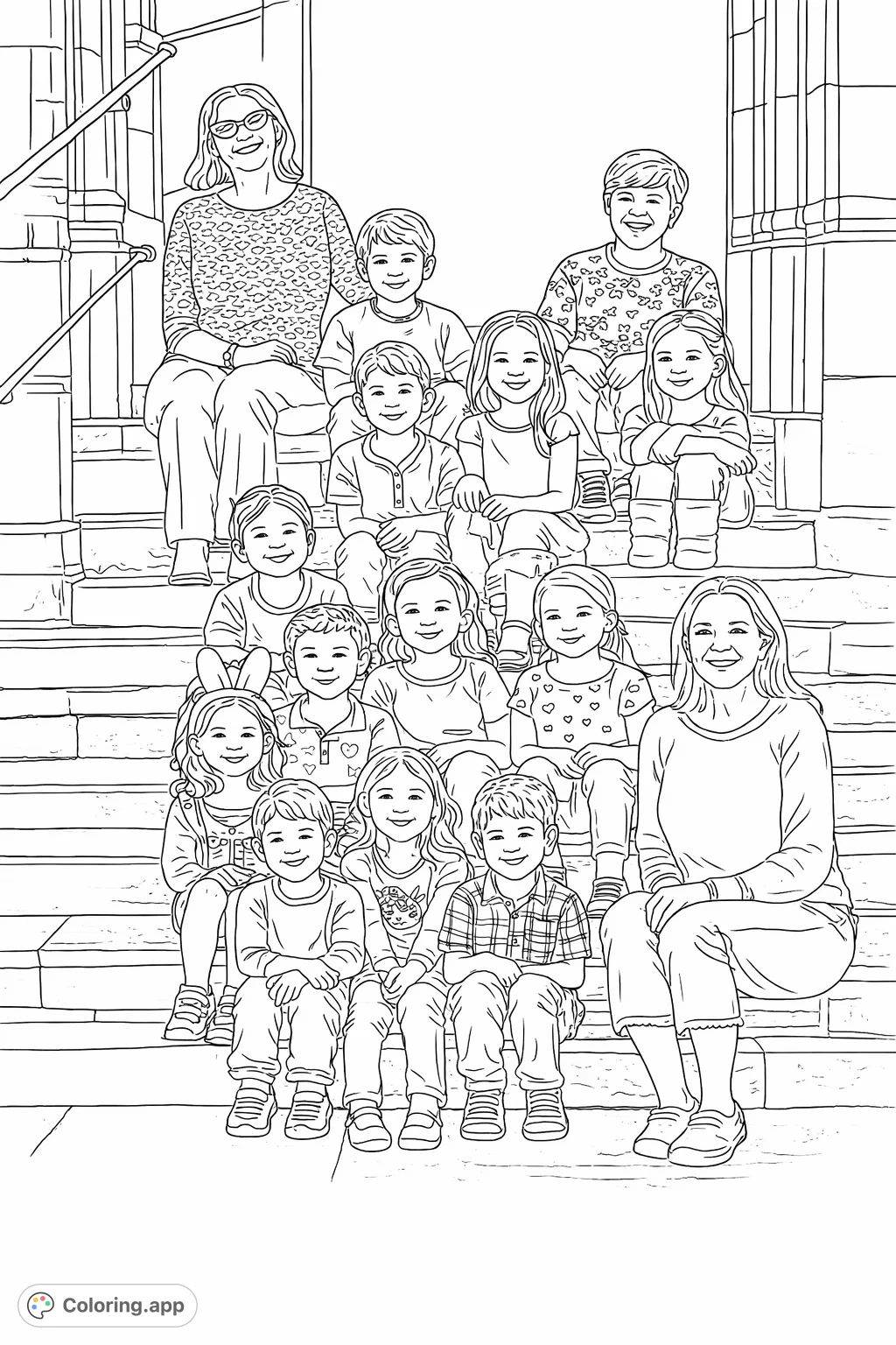 A heartwarming group of children and adults smiling together on stone steps. Perfect for celebrating community and friendship.