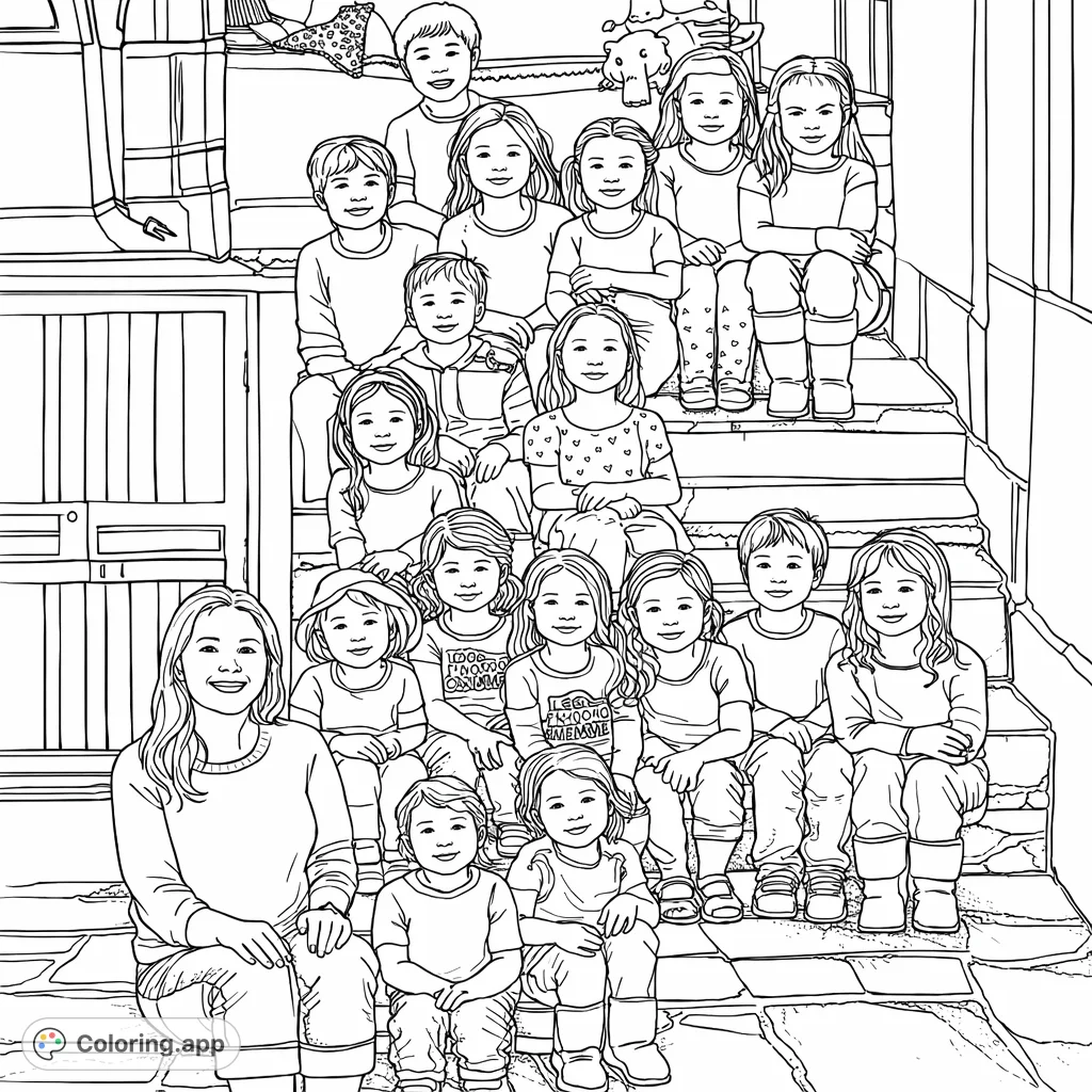 Capture a heartwarming moment with this group of children and an adult on grand stone steps. Perfect for celebrating friendship, community, and precious memories!