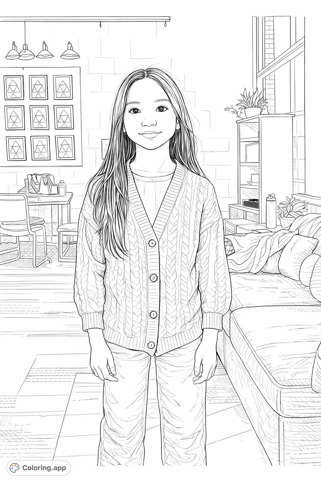 An intricately detailed portrait of a young girl in a cable-knit cardigan and jeans, set against a rich background with geometric art and classroom elements.