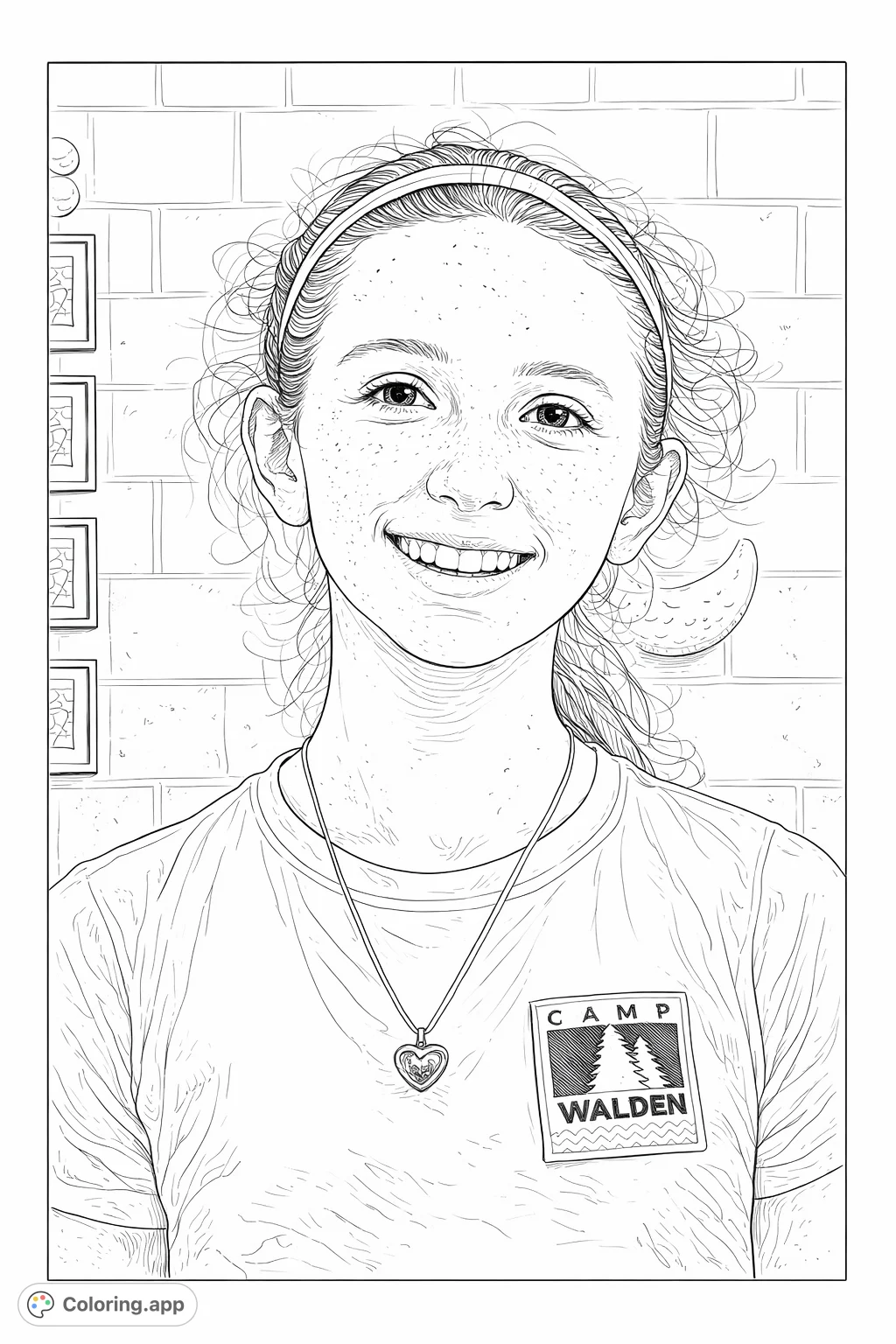 Capture a friendly young camper smiling, with a heart locket and a detailed camp patch. This realistic portrait offers many details for a rewarding coloring experience.