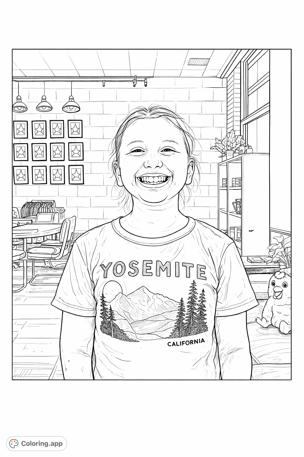 A cheerful young person with a wide smile, wearing a detailed Yosemite-themed t-shirt, stands in an intricate room featuring framed art and unique furnishings.