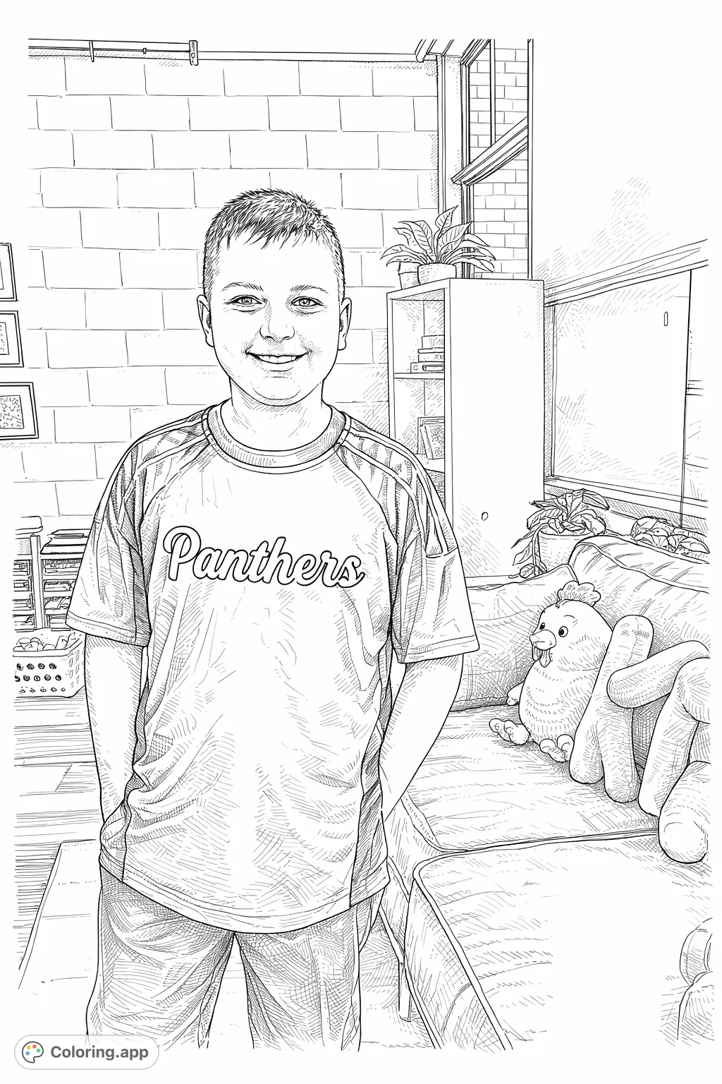 A smiling boy in a "Panthers" shirt stands in a detailed room with a brick wall, shelves, and a cozy couch featuring plush toys.