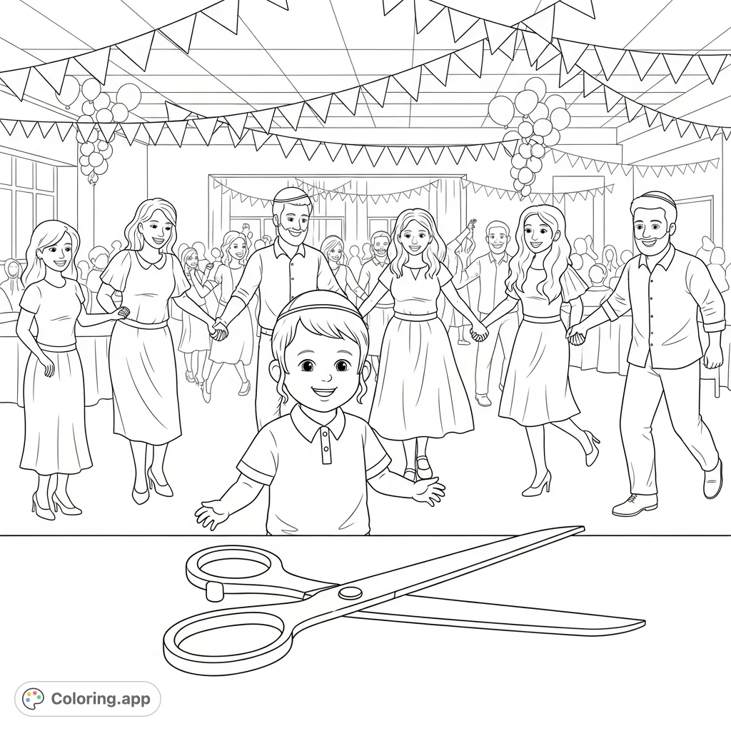 Celebrate Moshe's Upsherin with friends dancing in a lively scene. A joyous free printable coloring page featuring this special Jewish tradition.