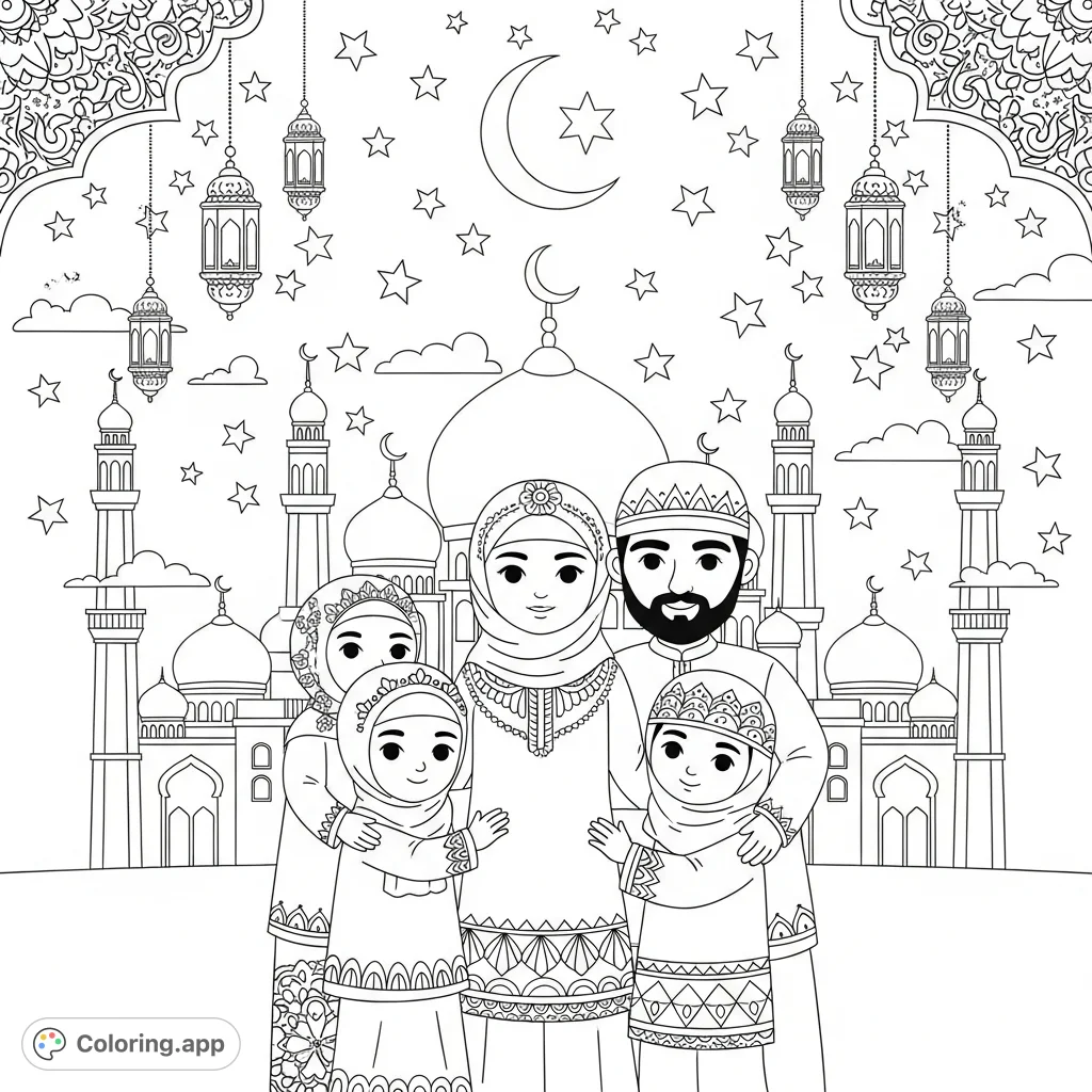 Celebrate Eid with a heartwarming scene featuring a Muslim family, crescent moon, lanterns, and a mosque, all adorned with beautiful Islamic patterns.
