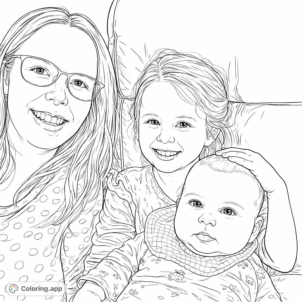 Capture a heartwarming moment with this family trio coloring page. Featuring an adult, a girl, and a baby, it's perfect for celebrating family bonds and creative expression.