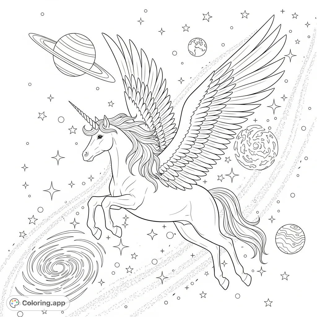 A majestic unicorn angel with feathered wings gracefully flies through a cosmic scene, surrounded by planets, nebulae, and twinkling stars. A magical space adventure awaits.