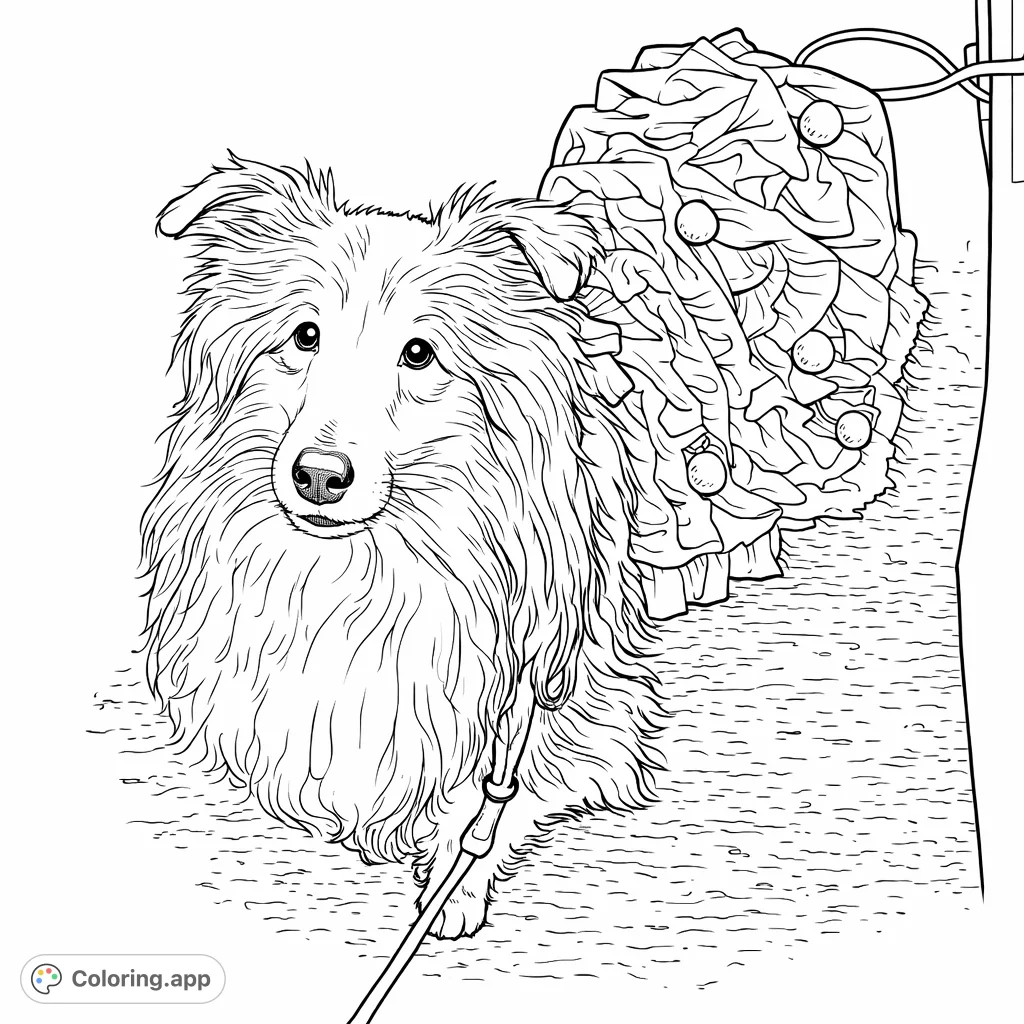 A charming fluffy dog in a festive, ruffled garment with round ornaments, looking up from a textured floor. Perfect for a cozy and fun coloring experience.