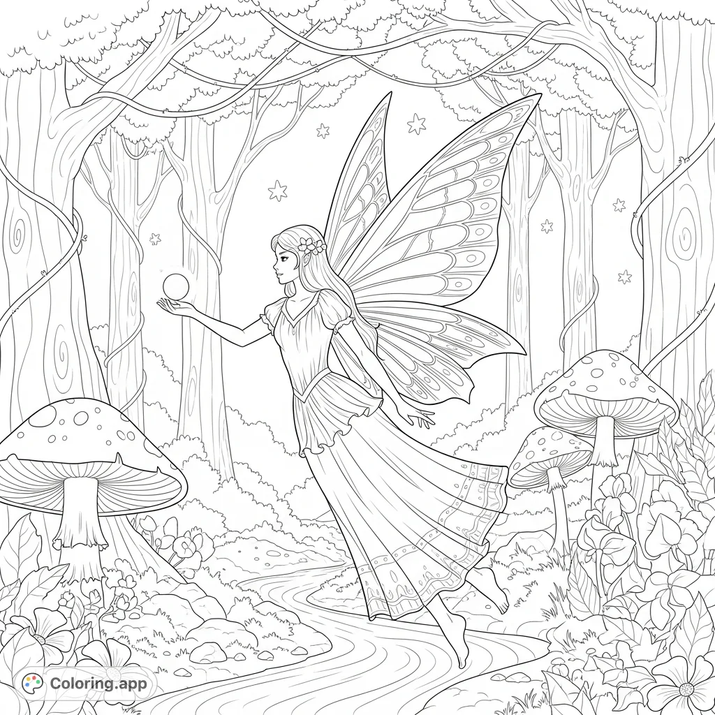 Discover a beautiful fairy soaring through an enchanted forest. This delightful scene features delicate wings, a flowing dress, and whimsical flora.