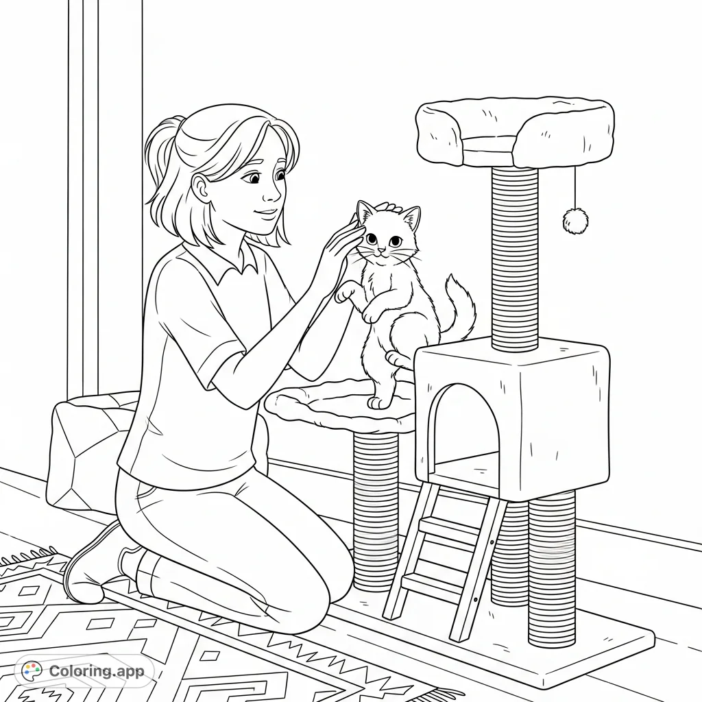 A heartwarming free printable kitten coloring page showing Willow gently interacting with Cuddles on a cat tree, highlighting their bond and Cuddles' playful spirit.