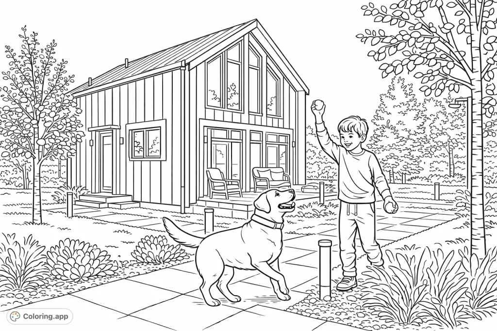 A happy boy and his playful dog enjoy a moment together in front of a modern house, surrounded by a serene garden. A perfect family scene coloring page.