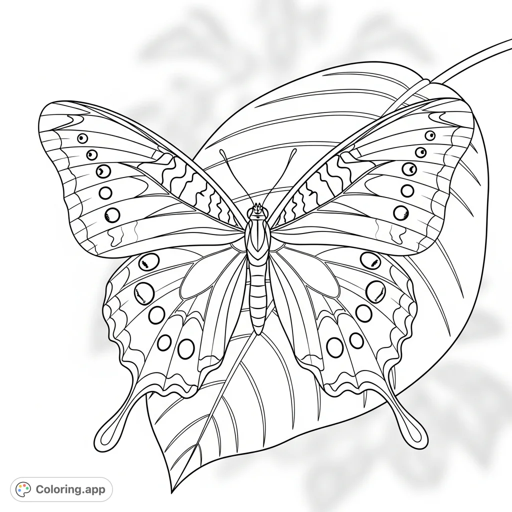 Discover a magnificent butterfly with grand, patterned wings gracefully resting on a broad leaf. A captivating nature scene for relaxation and creative expression.