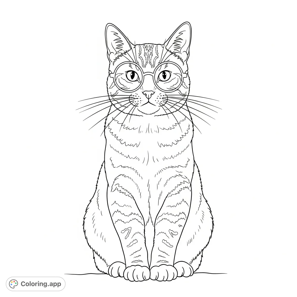 An adorable cat wearing stylish round spectacles, seated serenely. A charming cat coloring page perfect for relaxation and creative expression.