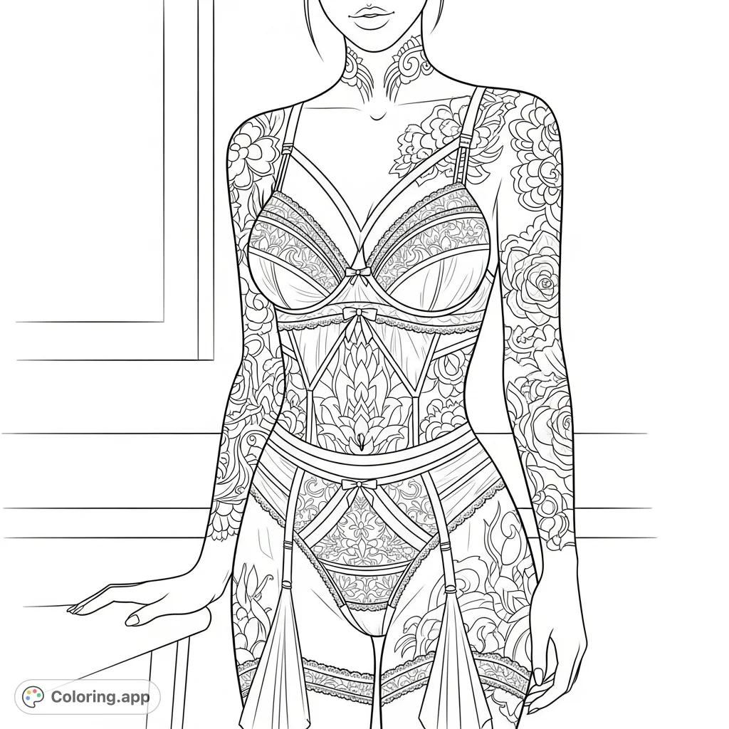 An alluring portrait of a confident female figure in intricate lingerie, adorned with detailed tattoos, exuding a striking and edgy aesthetic for sophisticated colorists.