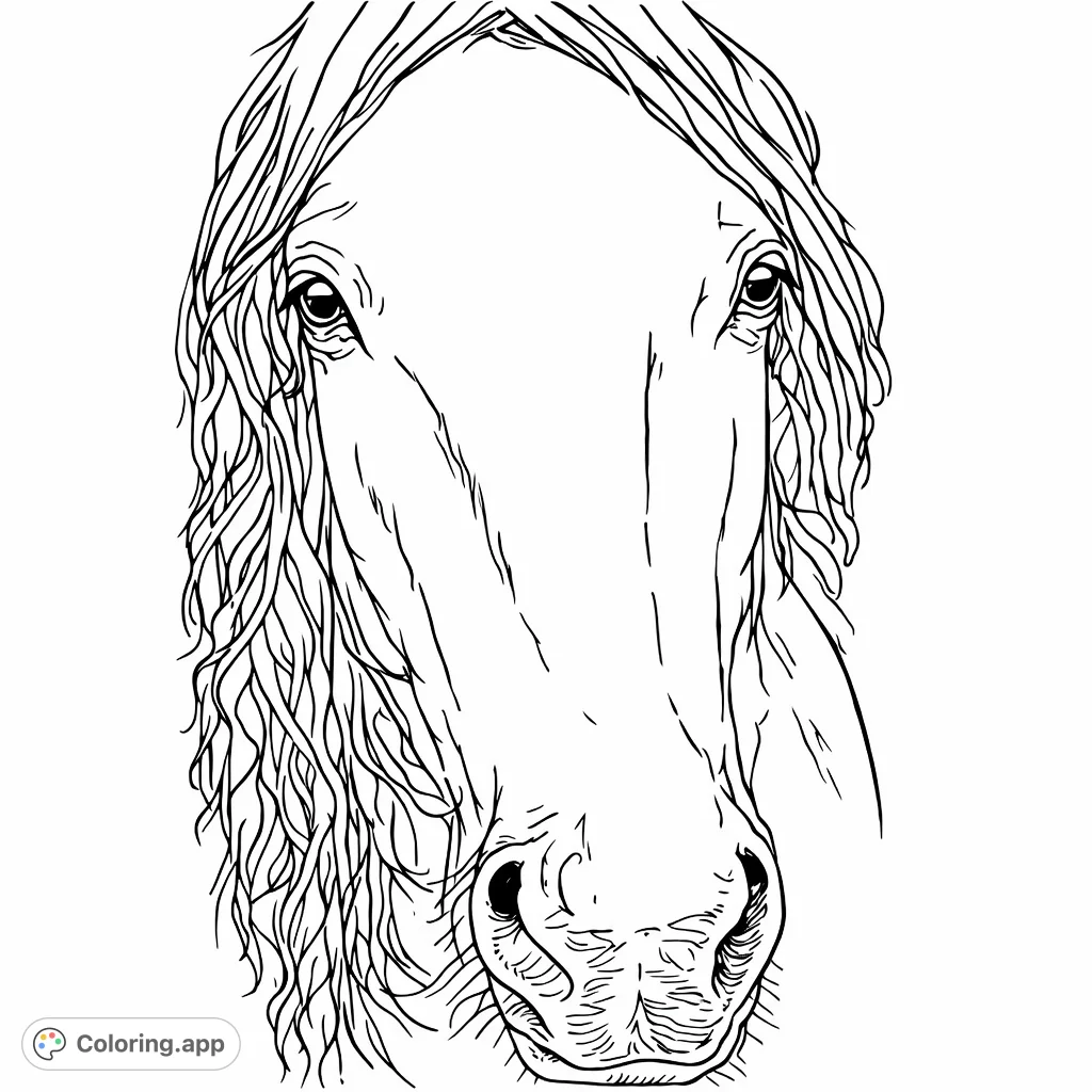 A captivating horse portrait, featuring a flowing mane, expressive eyes, and intricate facial details. Perfect for a rewarding coloring experience.