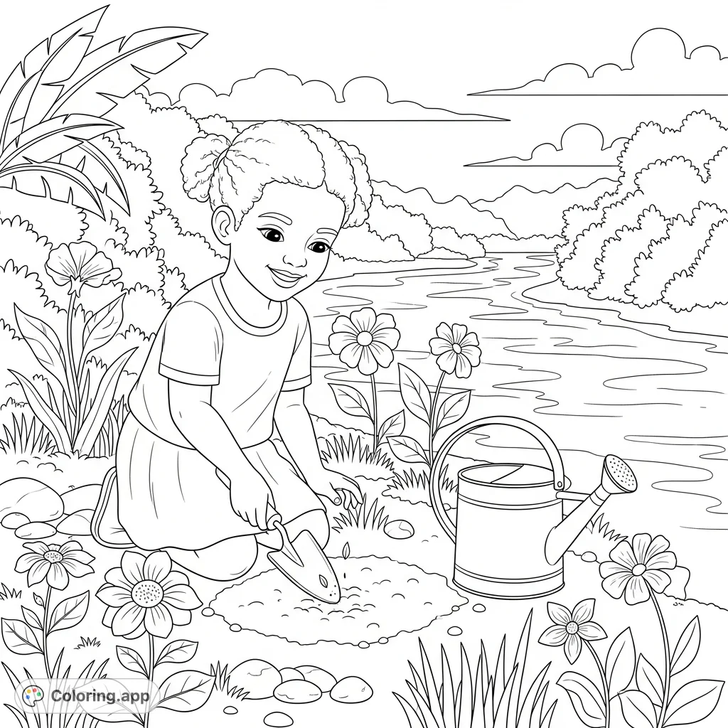 A happy little Black girl plants seeds by a beautiful Belizean river, surrounded by flowers and nature. Perfect for inspiring love of gardening and the outdoors!