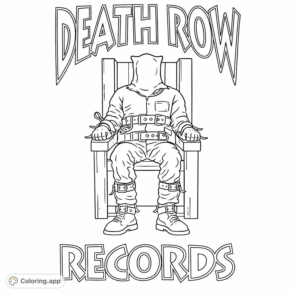 A striking coloring page featuring a hooded figure in an electric chair with iconic text, offering a powerful and thought-provoking artistic experience for adults.