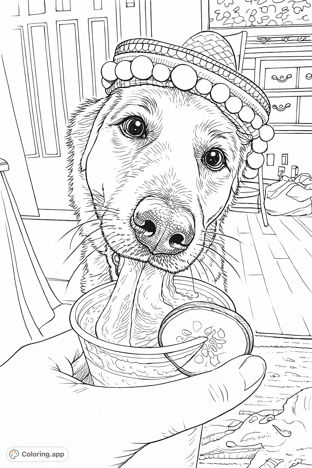 A cheerful dog in a decorative sombrero eagerly licks a refreshing treat from a cup held by a hand, complete with a cucumber slice garnish.