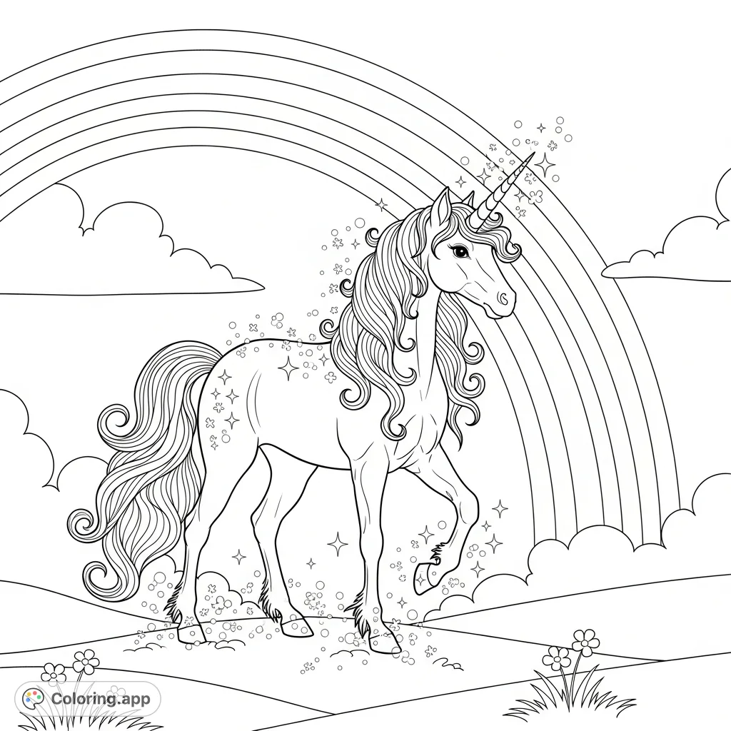An enchanting fantasy unicorn coloring page featuring a majestic unicorn surrounded by a sparkling rainbow and ethereal dust. A magical free printable coloring page.