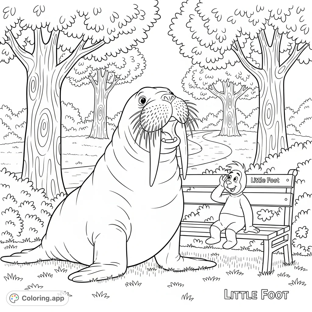 A friendly walrus tells a joke to Little Foot in a lively park scene. This delightful animals coloring page is perfect for imaginative fun.
